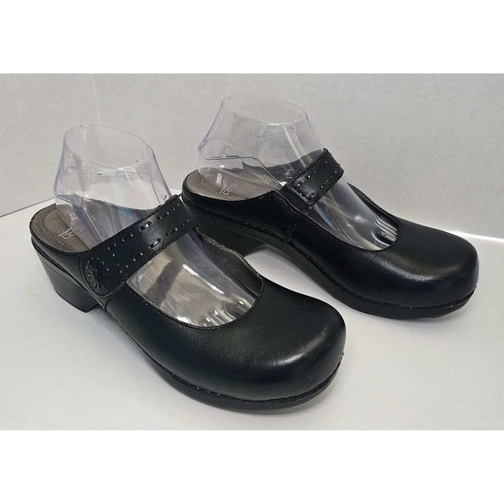 Dansko Solitaire Black Leather‎ Mary Jane Clogs Floral Strap Size 41 Block Heel